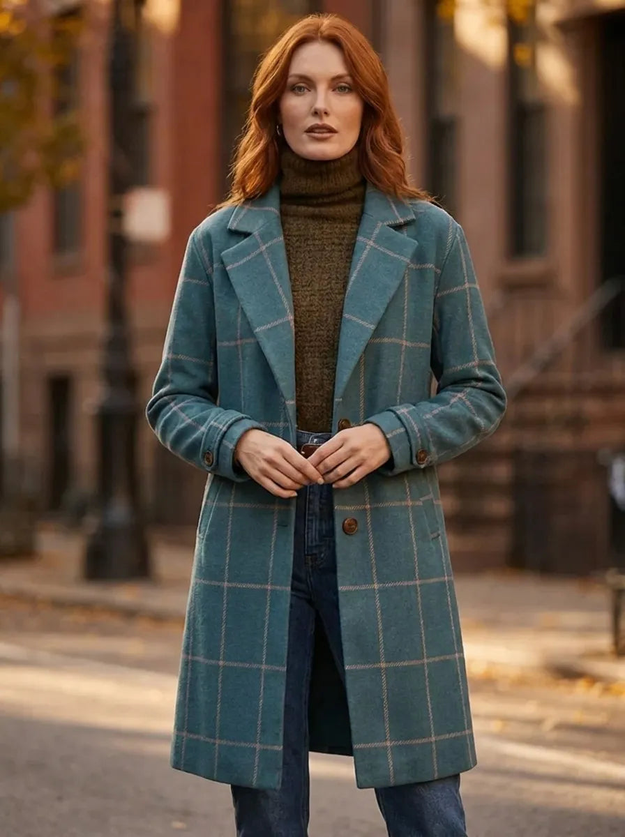 Women's Elegant Check Autumn Coat in Dark Green