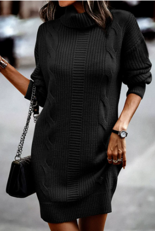 Women's Elegant Knit Jumper Dress for Autumn in Black
