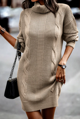 Women's Elegant Knit Jumper Dress for Autumn in Khaki