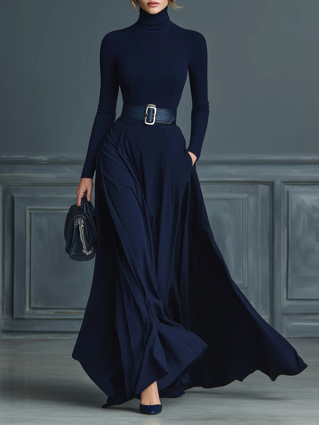 Women's Elegant Maxi Knitted Dress for Evening in Blue