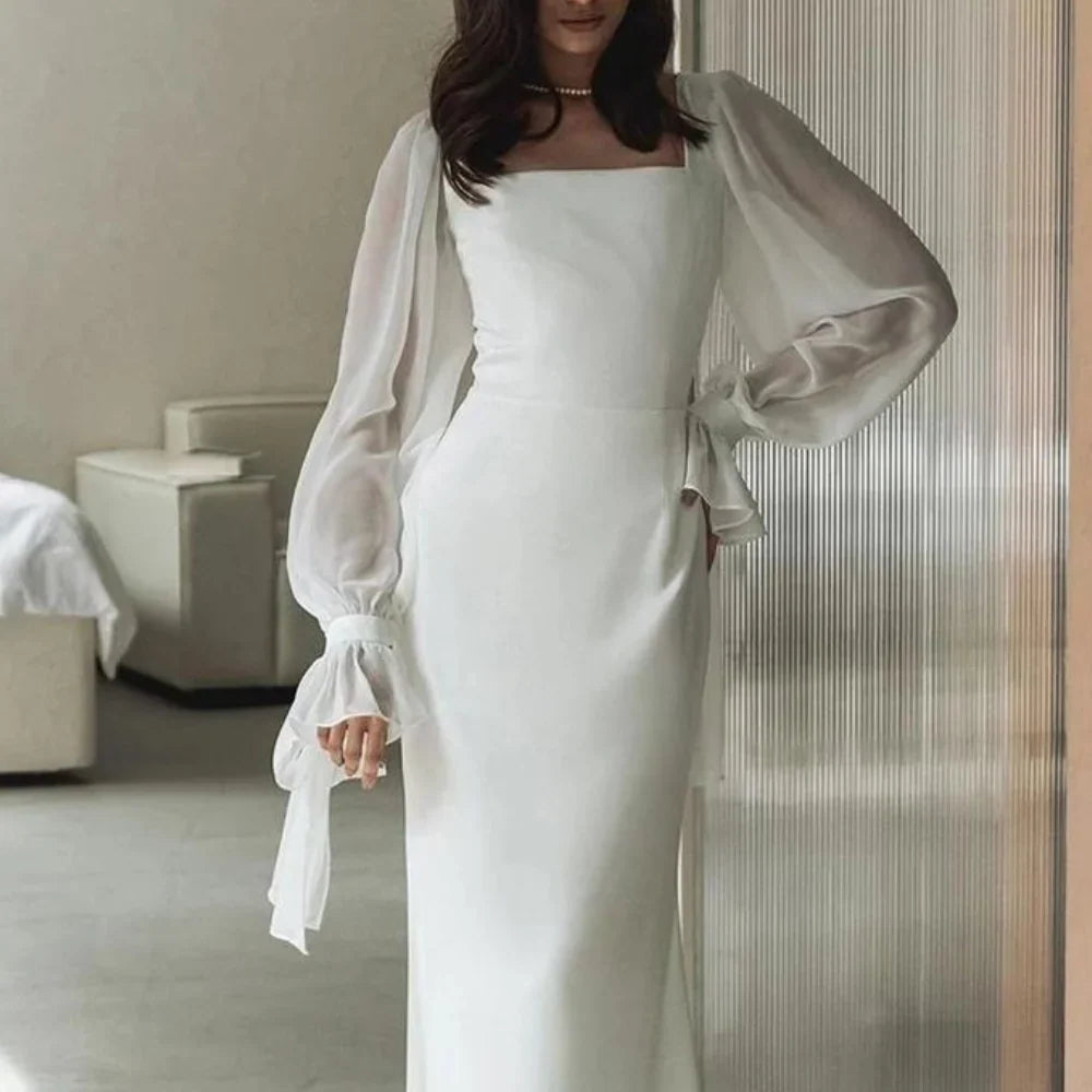 Women's Elegant Midi Dress for Evening Weddings in White