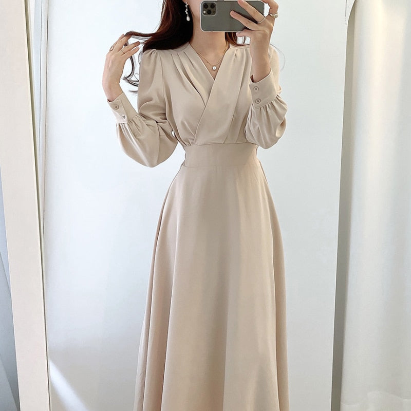 Women's Elegant Puff Sleeve A-Line Party Dress in Aprikose