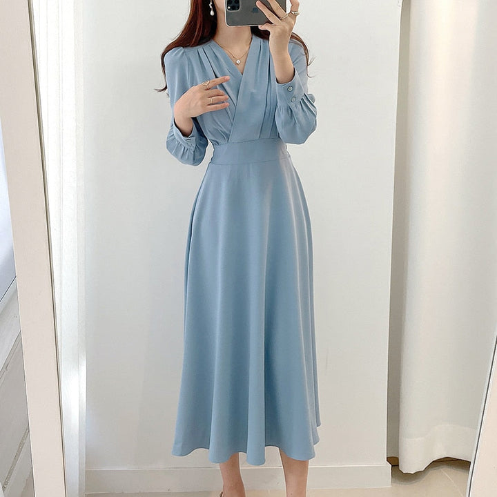 Women's Elegant Puff Sleeve A-Line Party Dress in Blue