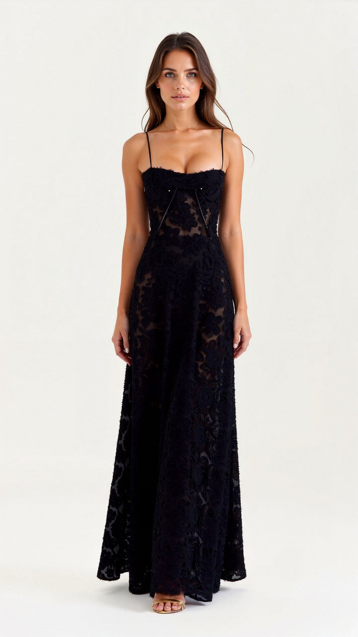 Women's Elegant Slip Maxi Wedding Guest Dress in Black