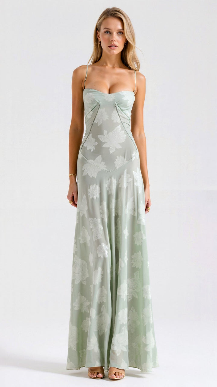 Women's Elegant Slip Maxi Wedding Guest Dress in Mint Green