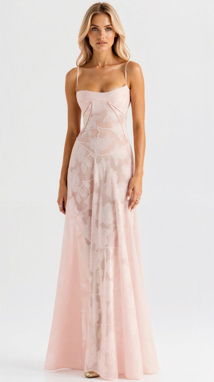 Women's Elegant Slip Maxi Wedding Guest Dress in Pink