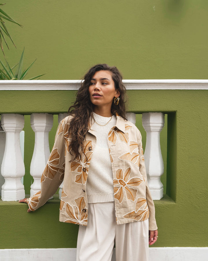 Women's Embroidered Statement Trench Coat in Beige 1