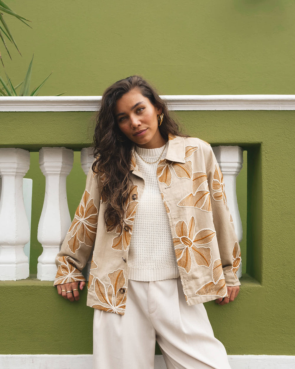 Women's Embroidered Statement Trench Coat in Beige 2