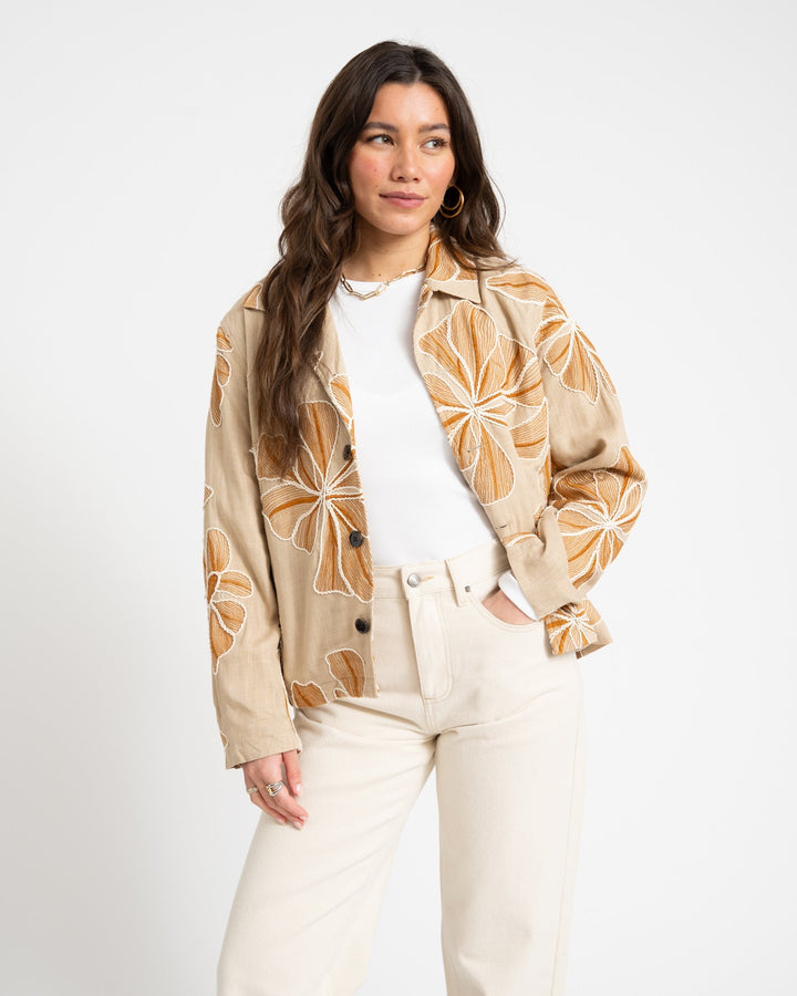 Women's Embroidered Statement Trench Coat in Beige 3