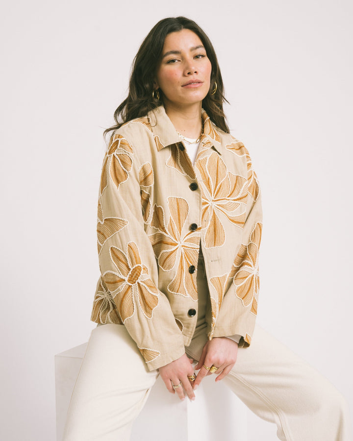 Women's Embroidered Statement Trench Coat in Beige 4