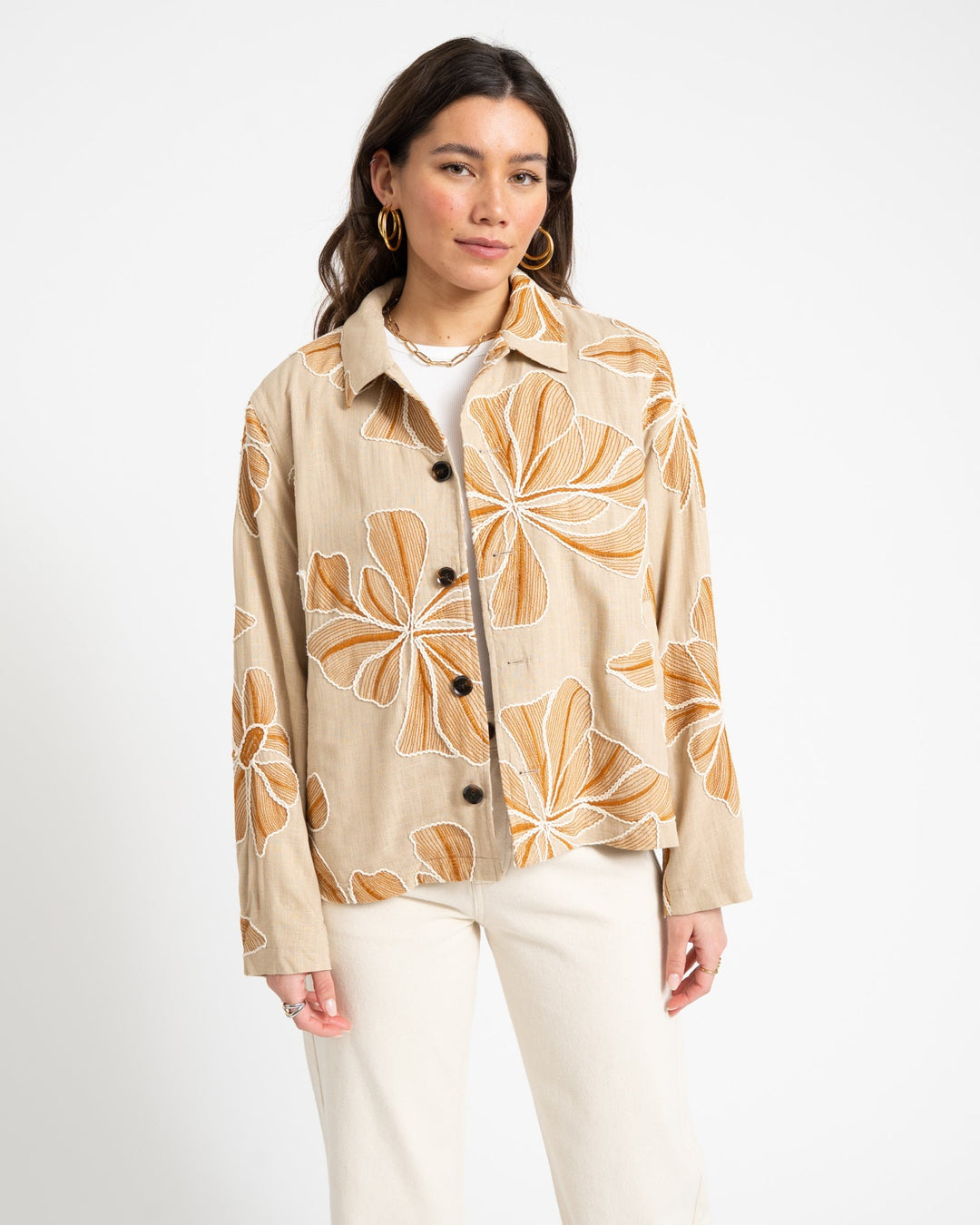 Women's Embroidered Statement Trench Coat in Beige 5