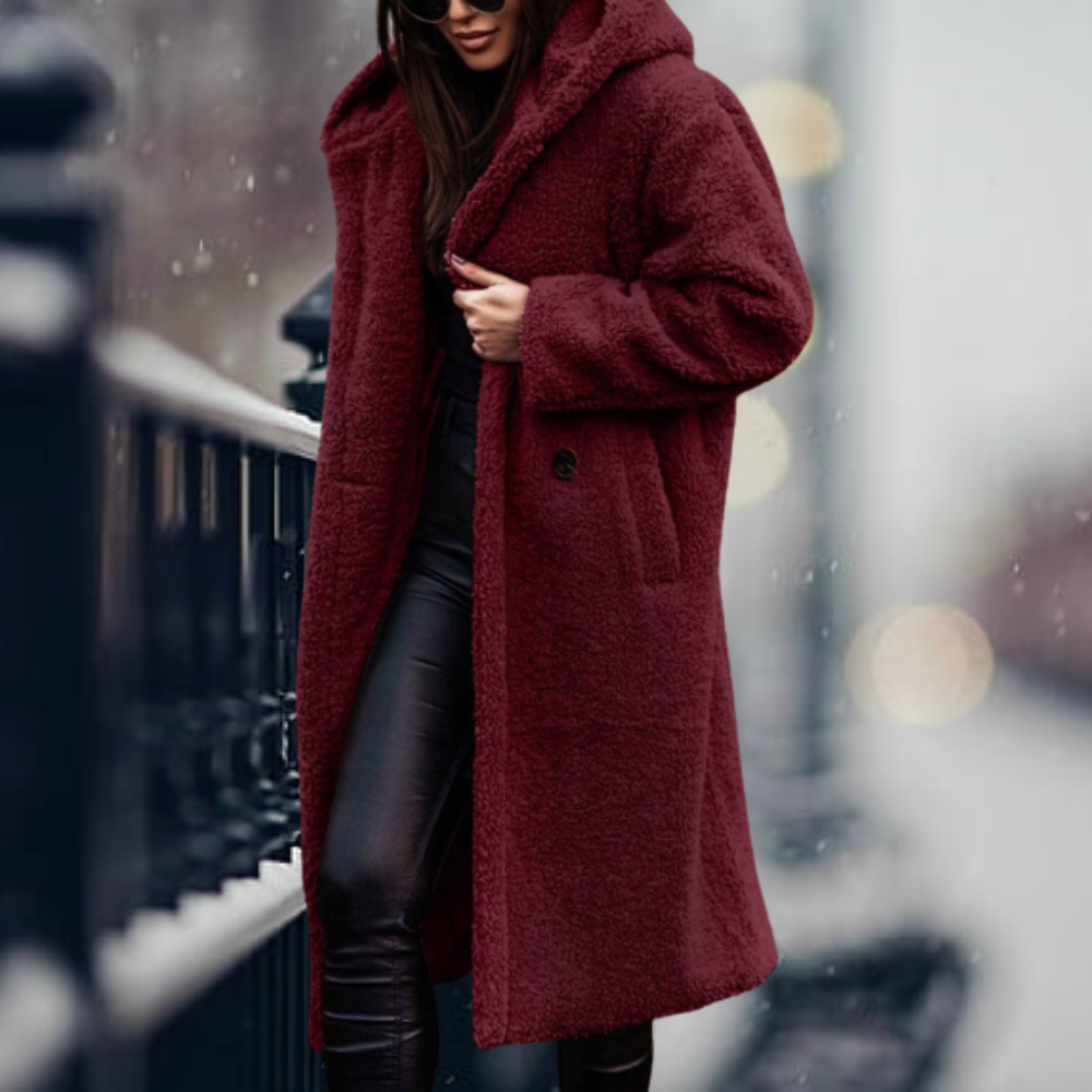 Women's Faux Fur Puffer Jacket for Autumn in Rotwein