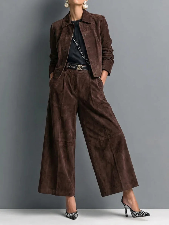 Women's Faux-Suede Jacket and Baggy Trousers Set in Dark Brown