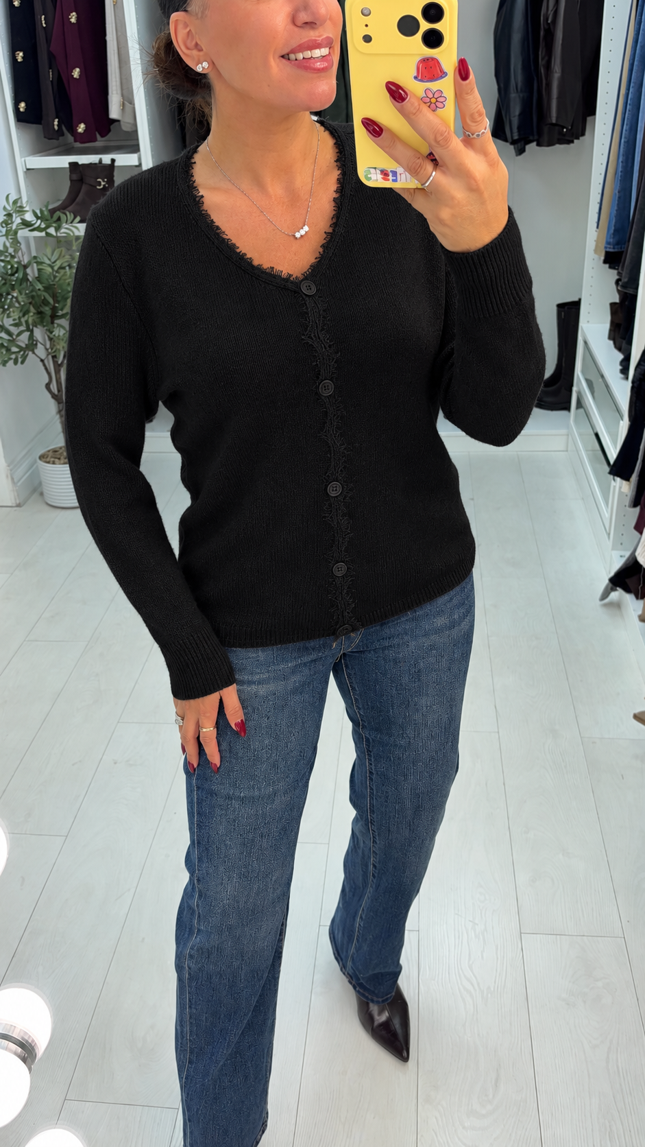 Women's Fine Knit Jumper Dress with Lace in Black