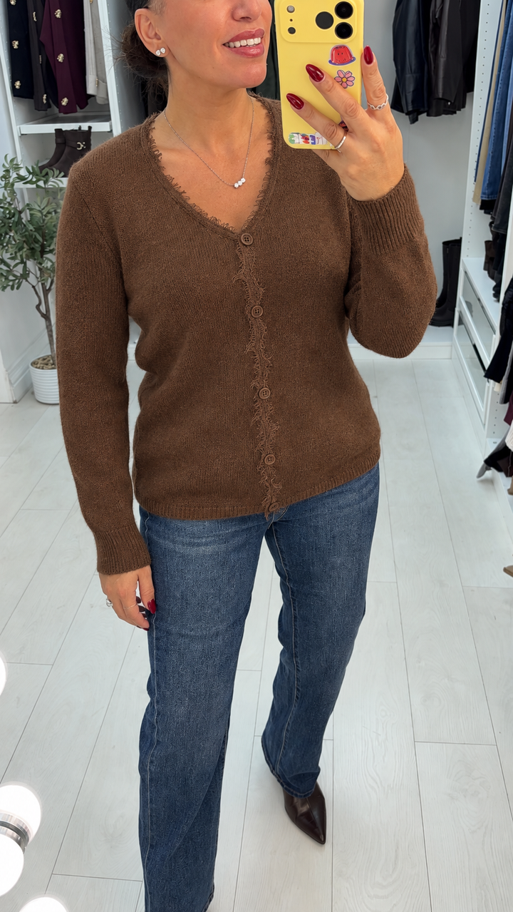 Women's Fine Knit Jumper Dress with Lace in Chocolate