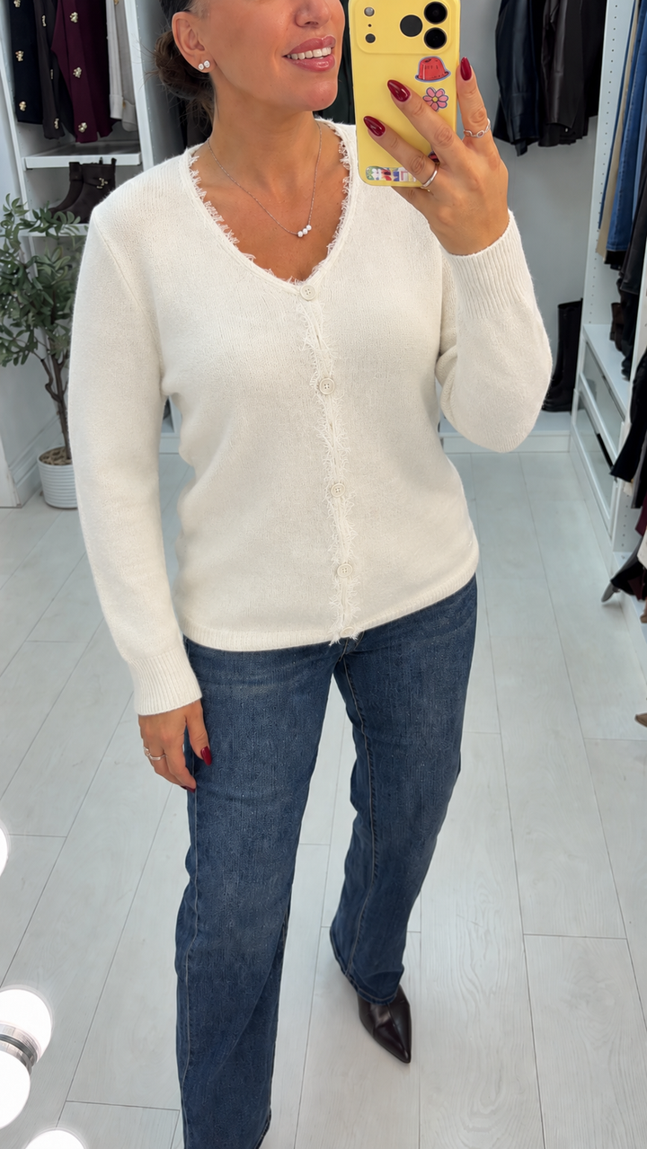 Women's Fine Knit Jumper Dress with Lace in Cream