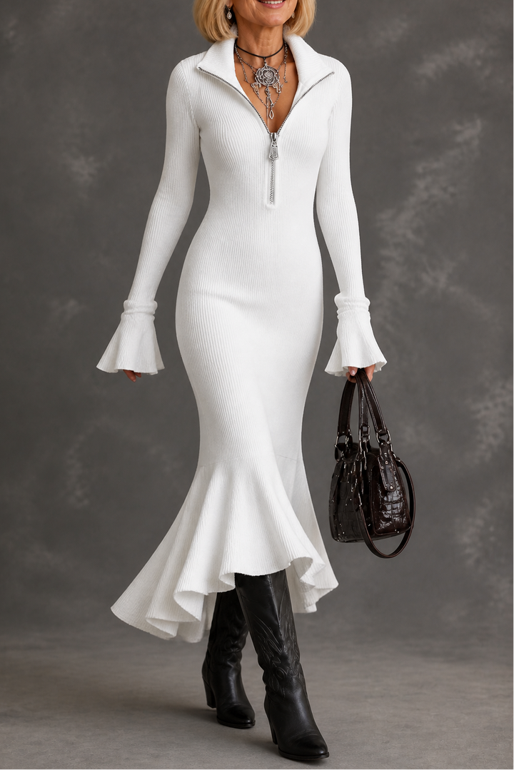 Women's Fishtail Party Dress with Wide Sleeves in White (Almost sold out)