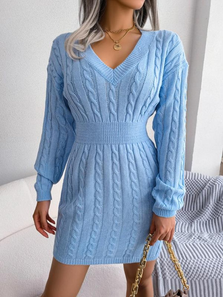 Women's Fitted Cable Knit Jumper Dress in Blue