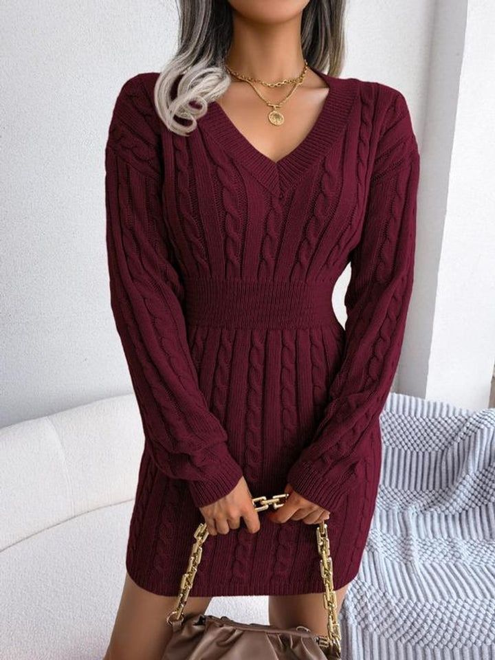 Women's Fitted Cable Knit Jumper Dress in Burgunderrot