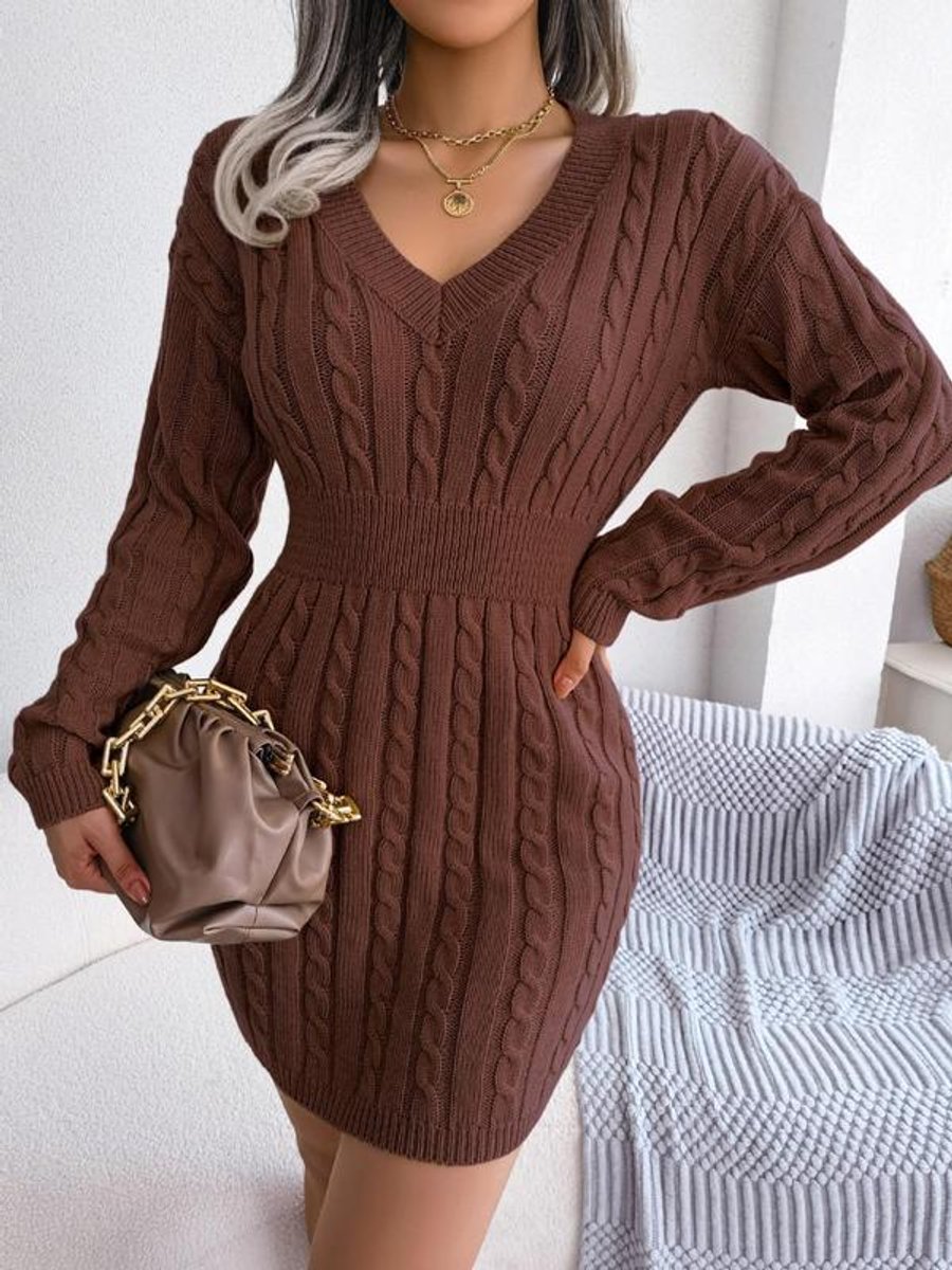 Women's Fitted Cable Knit Jumper Dress in Kaffeebraun