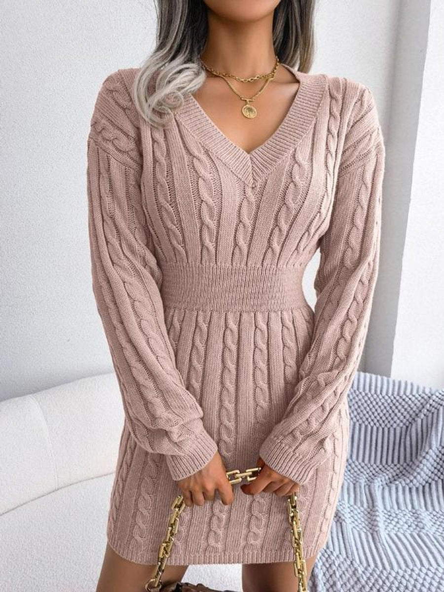 Women's Fitted Cable Knit Jumper Dress in Pink