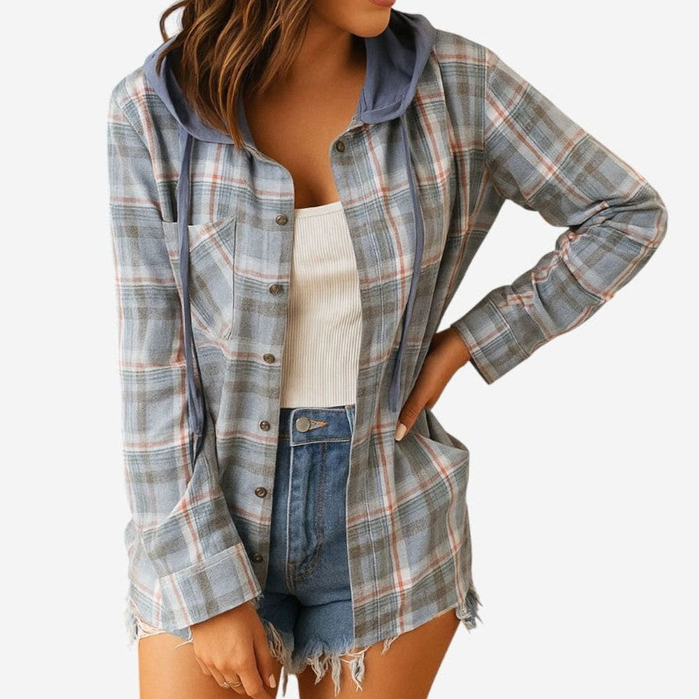 Women's Flannel Blouse with Cozy Hood in Blue