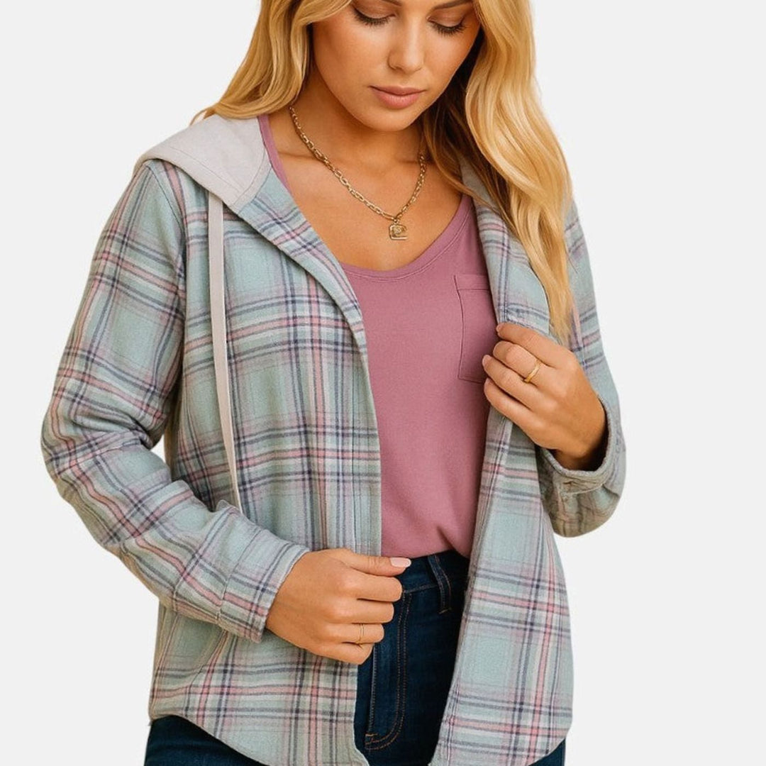 Women's Flannel Blouse with Cozy Hood in Green