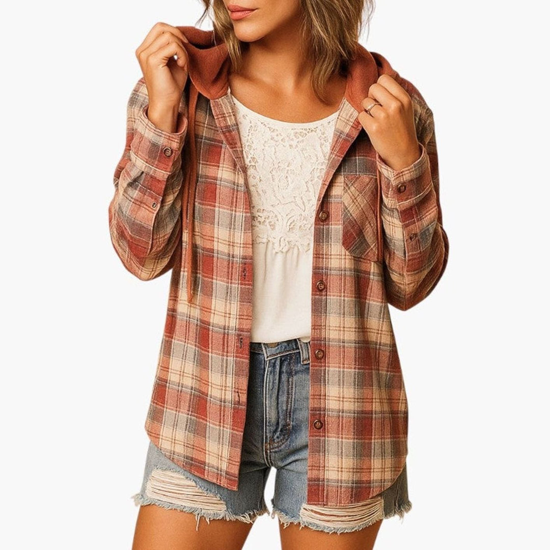 Women's Flannel Blouse with Cozy Hood in Red