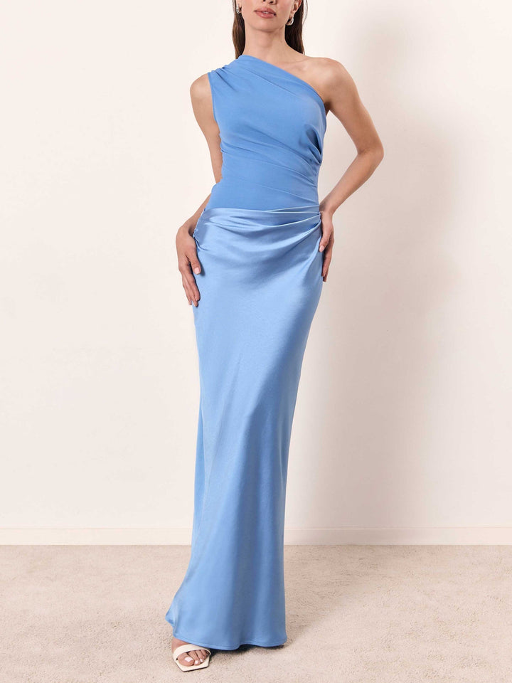 Women's Floor-Length One-Shoulder Sequin Party Dress in Blue