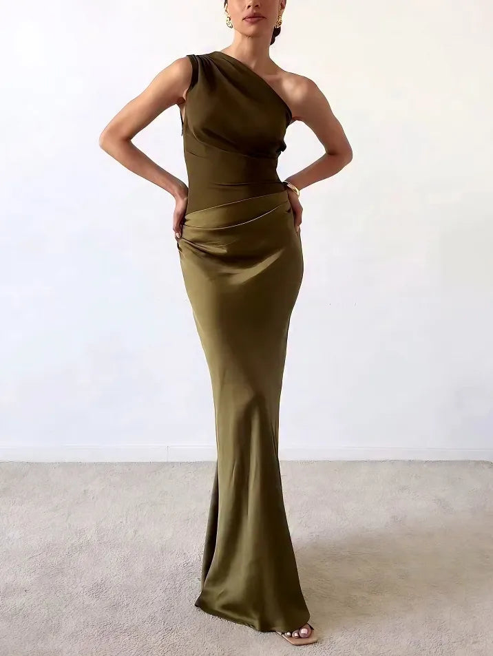 Women's Floor-Length One-Shoulder Sequin Party Dress in Olive Green