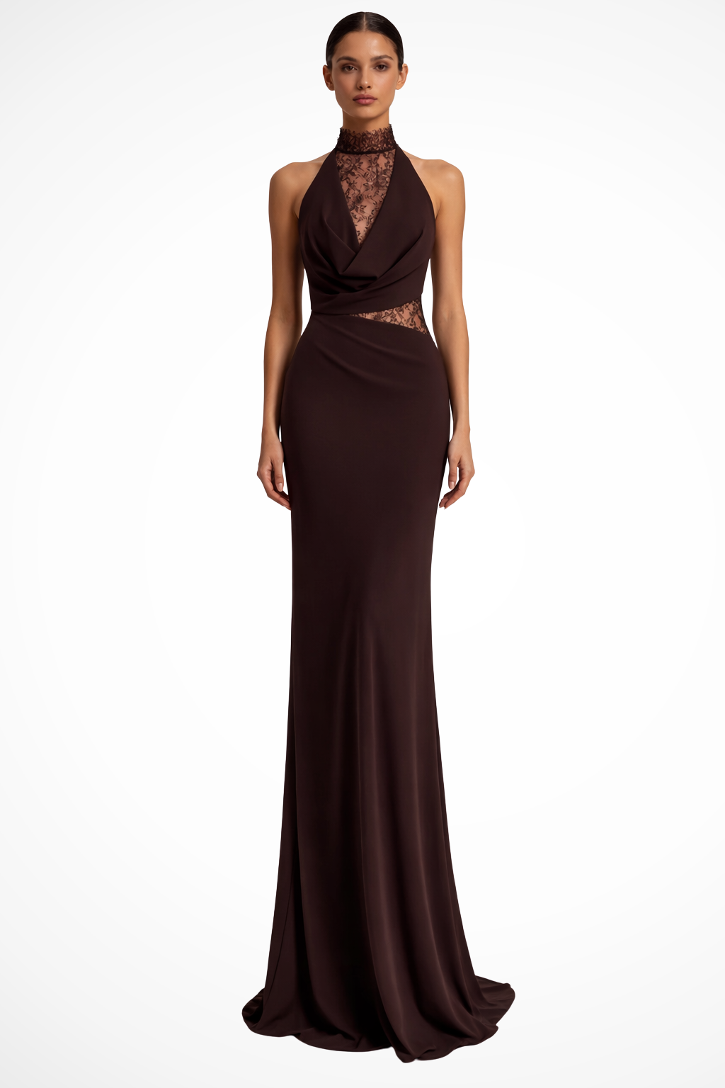 Women's Flowing Lace Maxi Wedding Guest Dress in Dark Brown