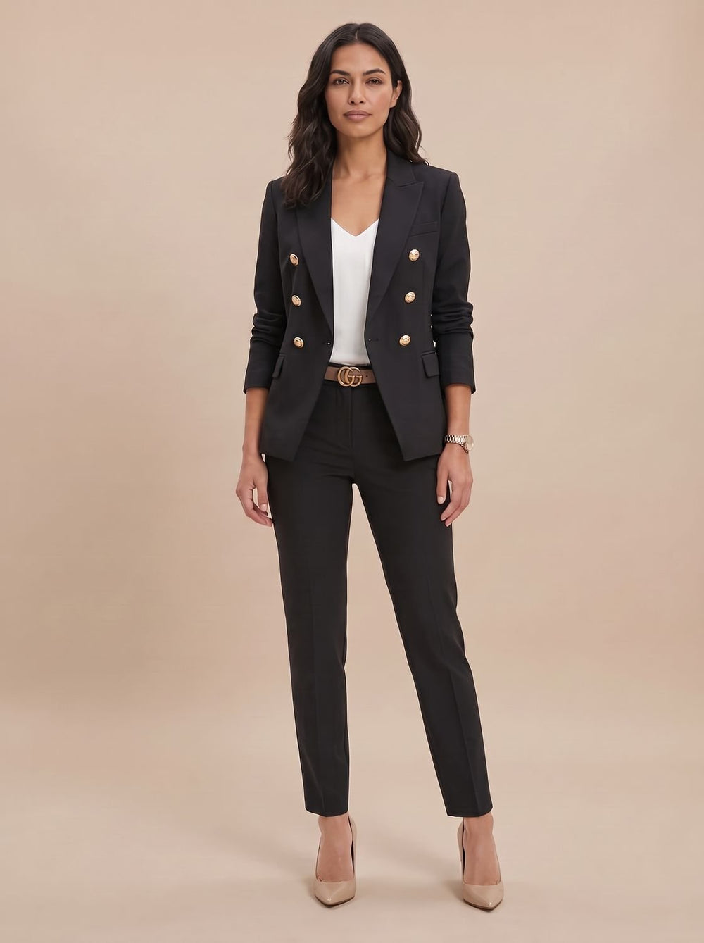 Women's Gold-Button Tailored Blazer Trouser Suit Set (2)