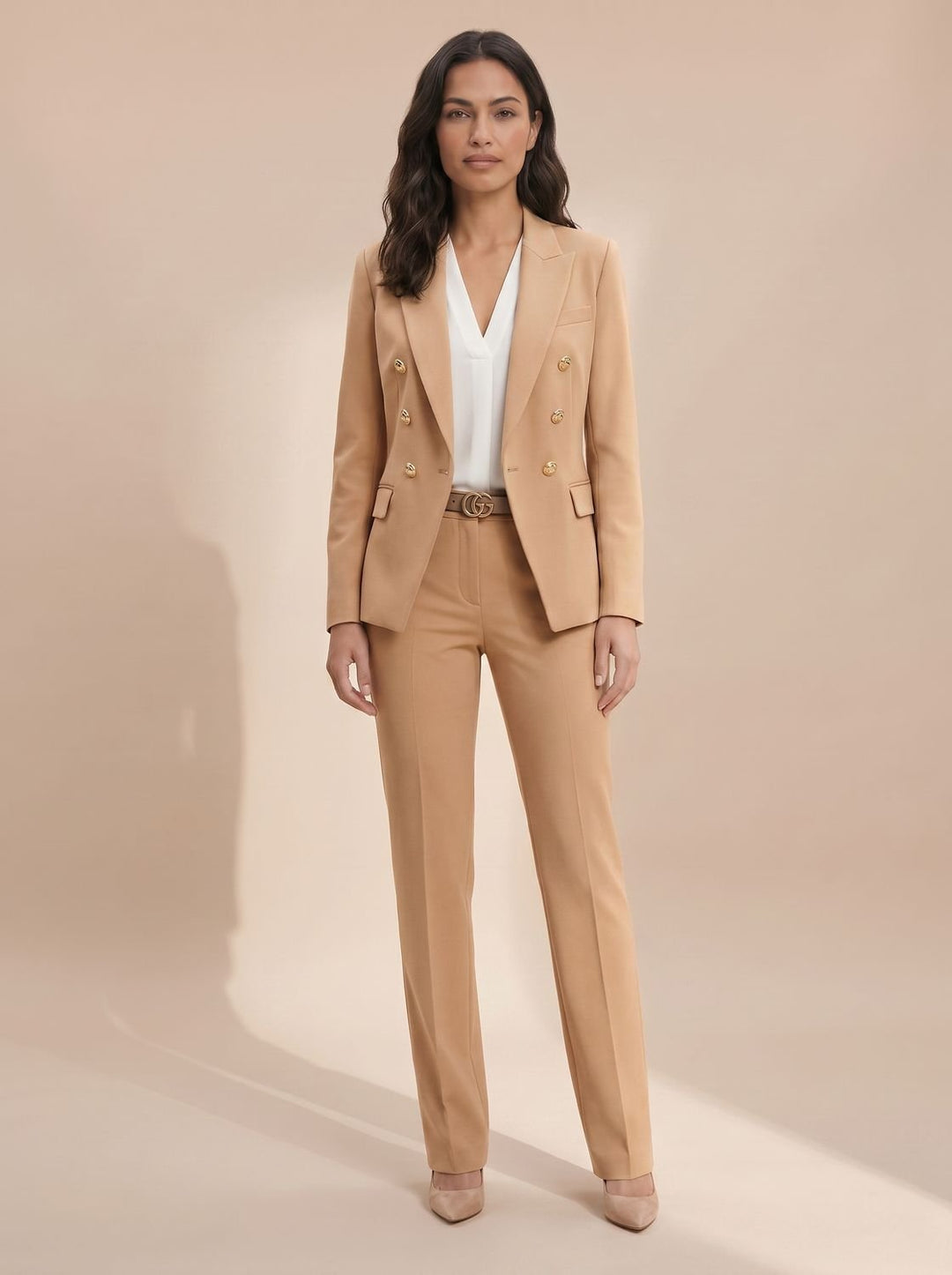 Women's Gold-Button Tailored Blazer Trouser Suit Set in Beige