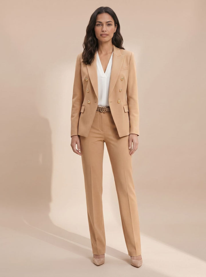 Women's Gold-Button Tailored Blazer Trouser Suit Set in Beige