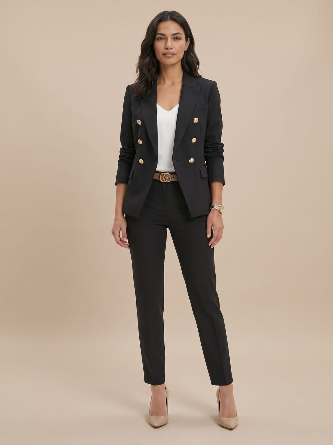 Women's Gold-Button Tailored Blazer Trouser Suit Set in Black