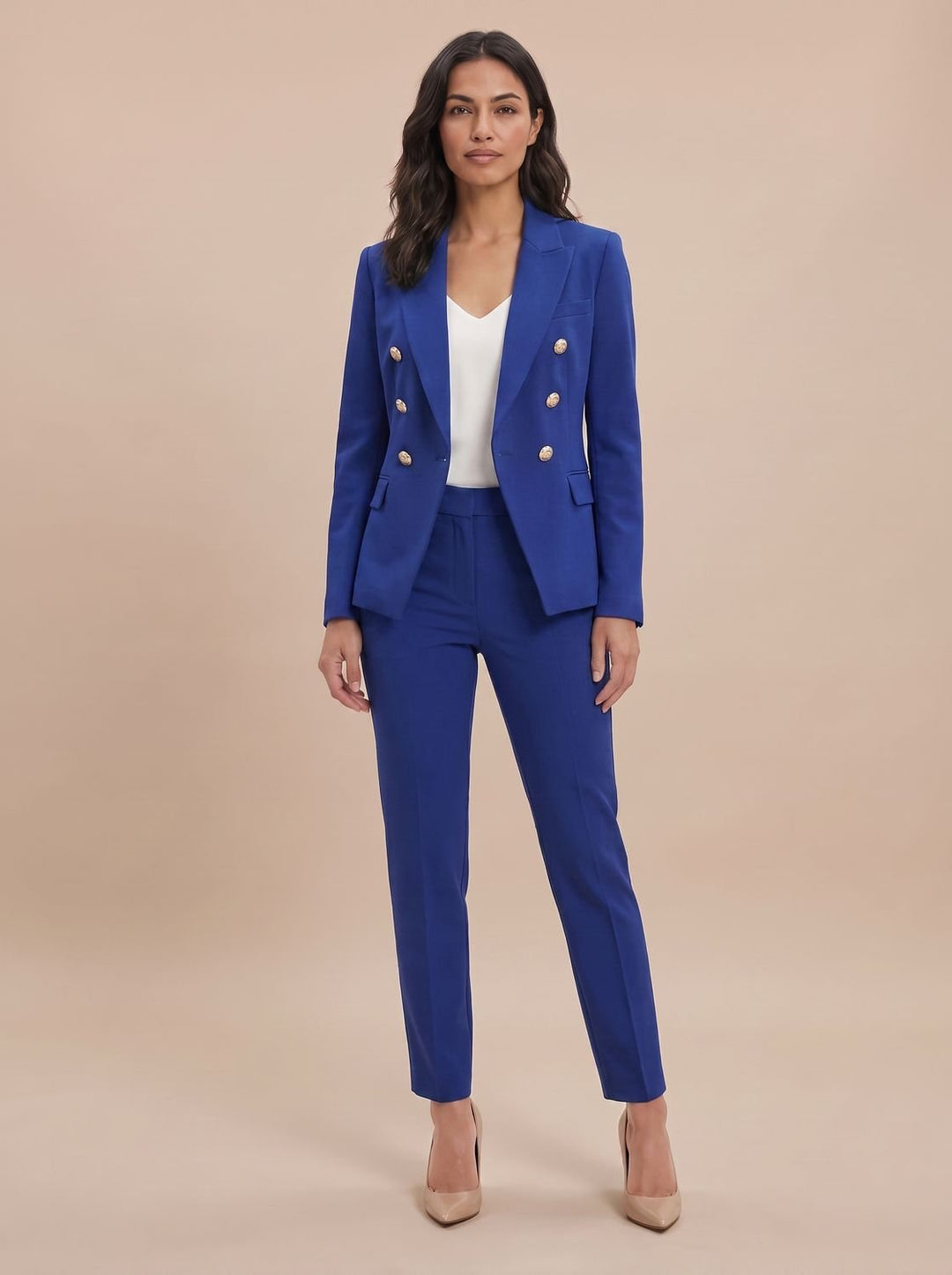 Women's Gold-Button Tailored Blazer Trouser Suit Set in Blue