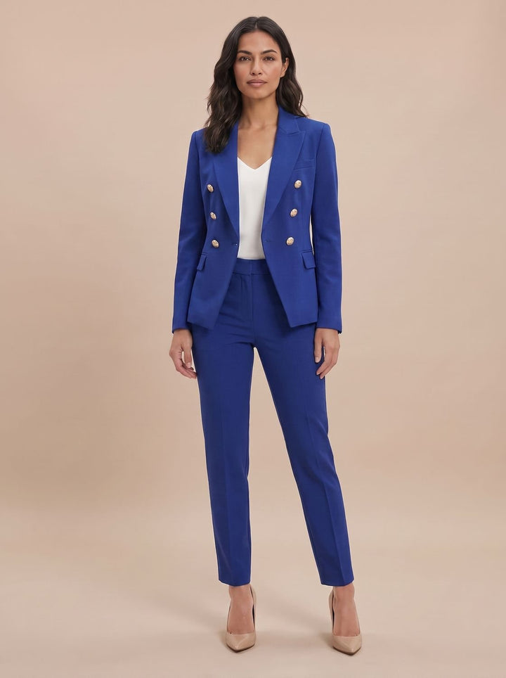 Women's Gold-Button Tailored Blazer Trouser Suit Set in Blue