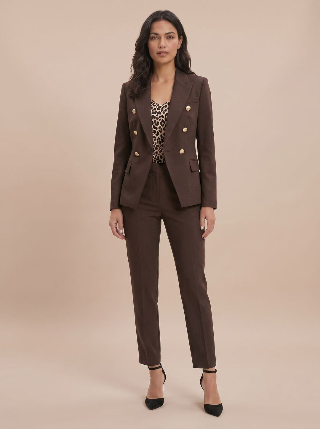 Women's Gold-Button Tailored Blazer Trouser Suit Set in Brown