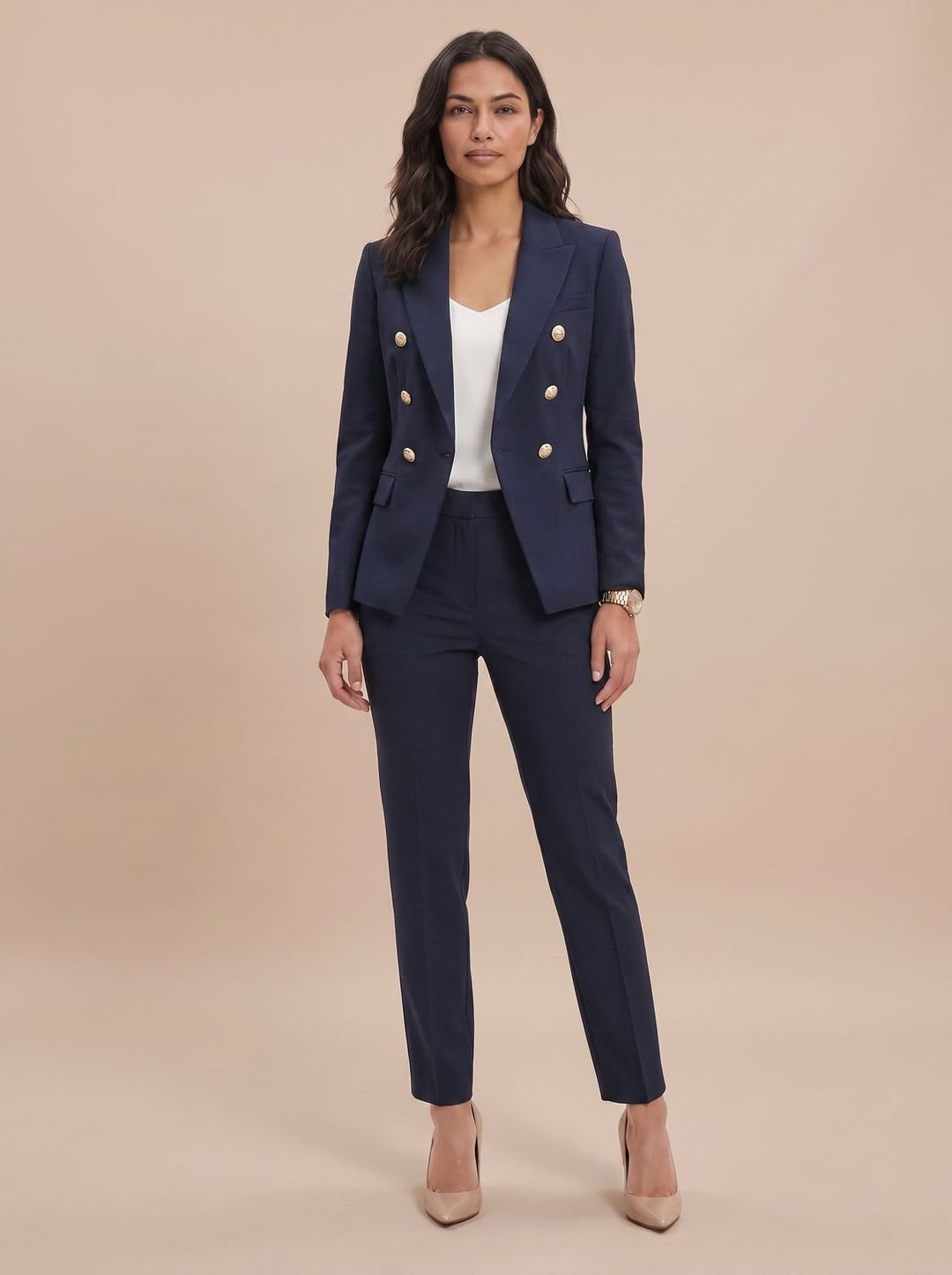 Women's Gold-Button Tailored Blazer Trouser Suit Set in Dark Blue