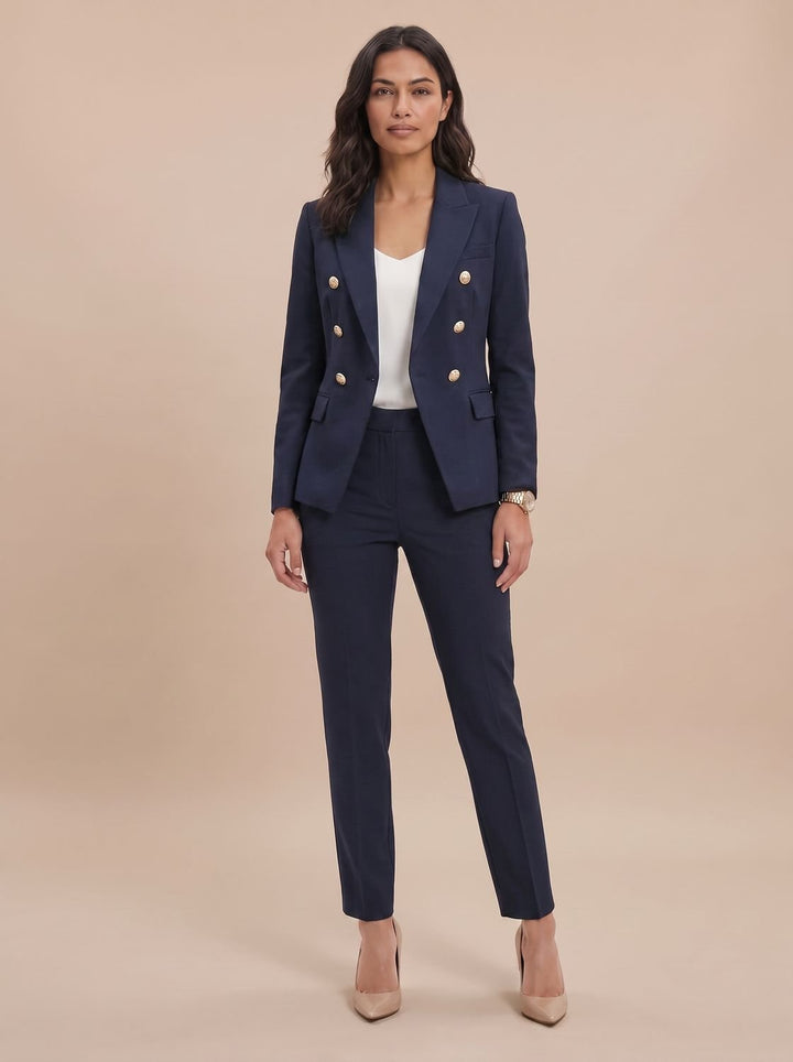 Women's Gold-Button Tailored Blazer Trouser Suit Set in Dark Blue