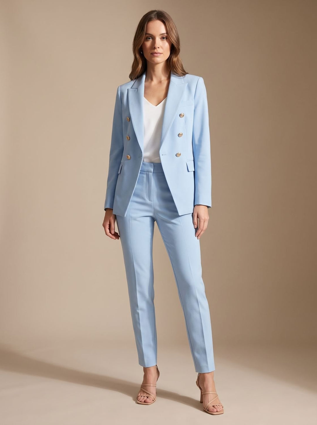 Women's Gold-Button Tailored Blazer Trouser Suit Set in Light Blue