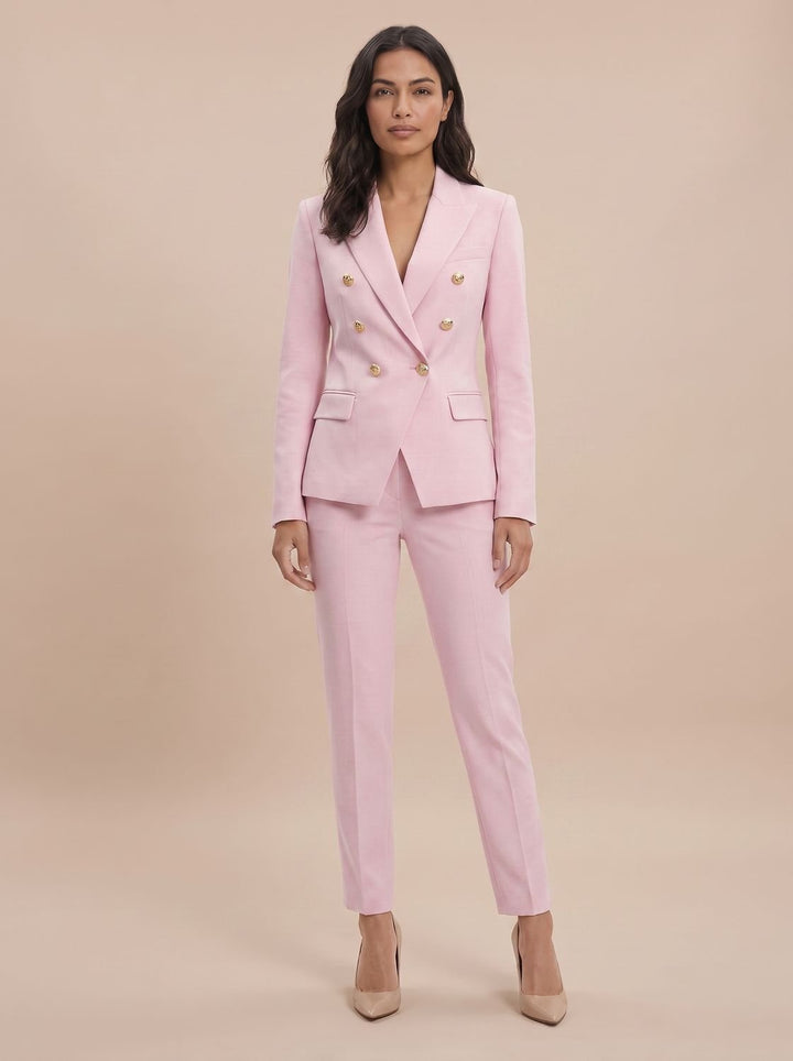 Women's Gold-Button Tailored Blazer Trouser Suit Set in Pink