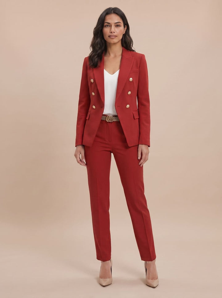 Women's Gold-Button Tailored Blazer Trouser Suit Set in Red