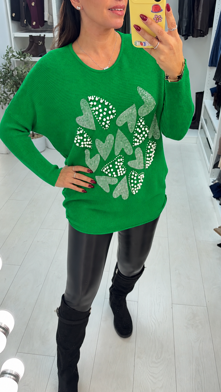 Women's Heart-Detail Cashmere Blend Jumper Dress in Apple Green