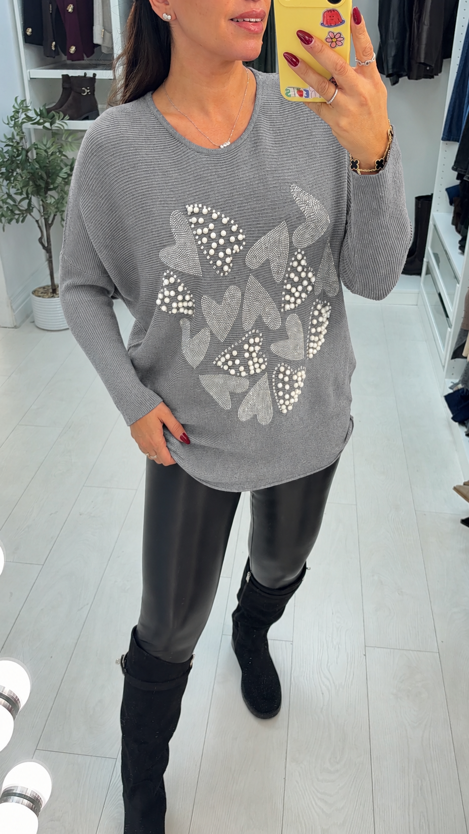 Women's Heart-Detail Cashmere Blend Jumper Dress in Grey
