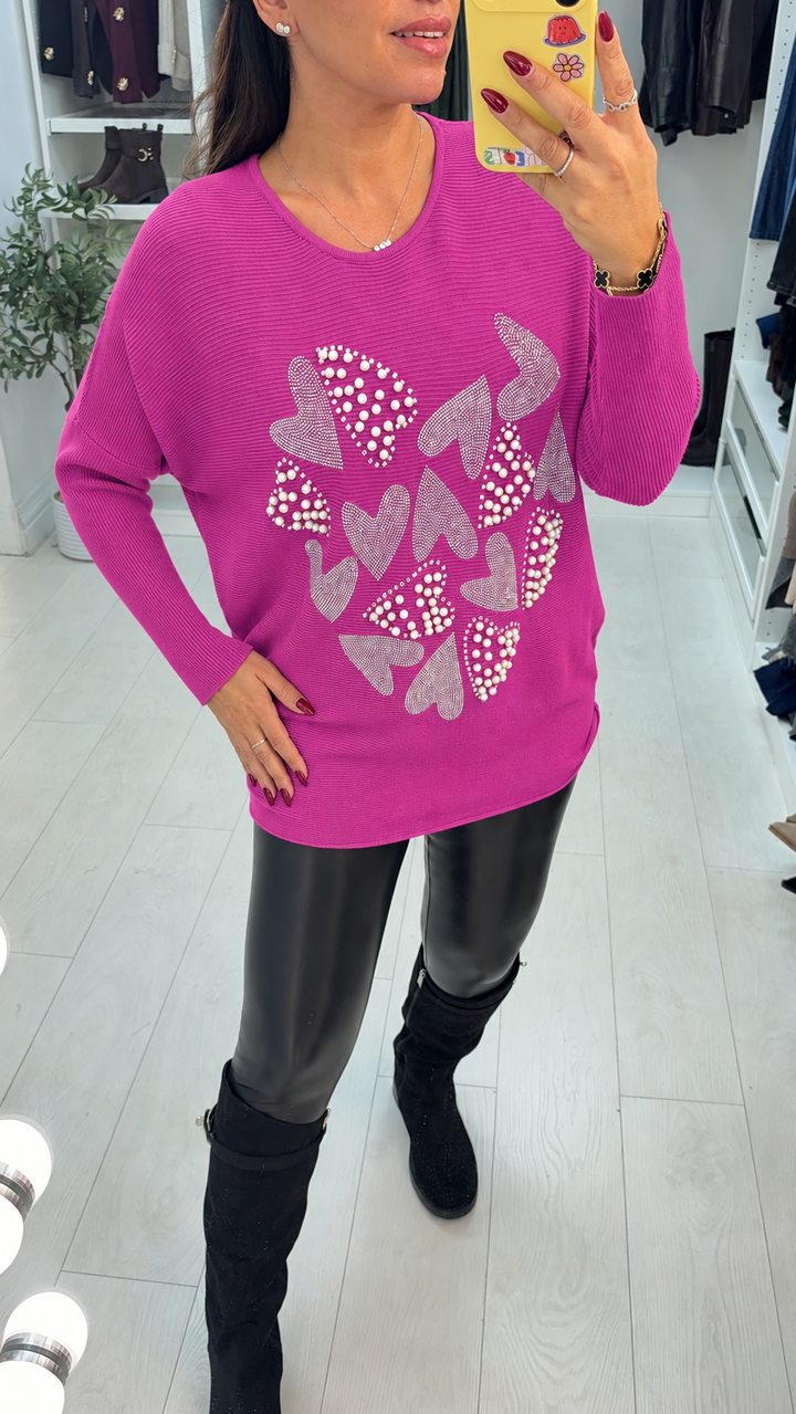 Women's Heart-Detail Cashmere Blend Jumper Dress in Magenta