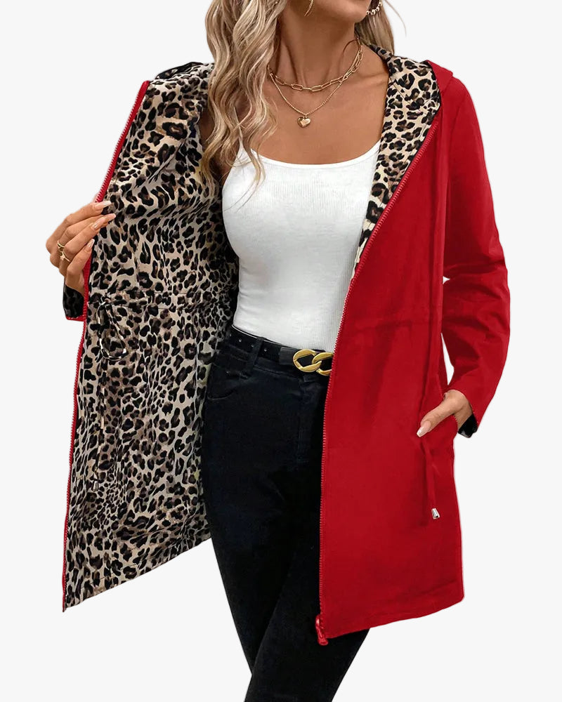 Women's Hooded Polyester Coat with Reversible Design in Red