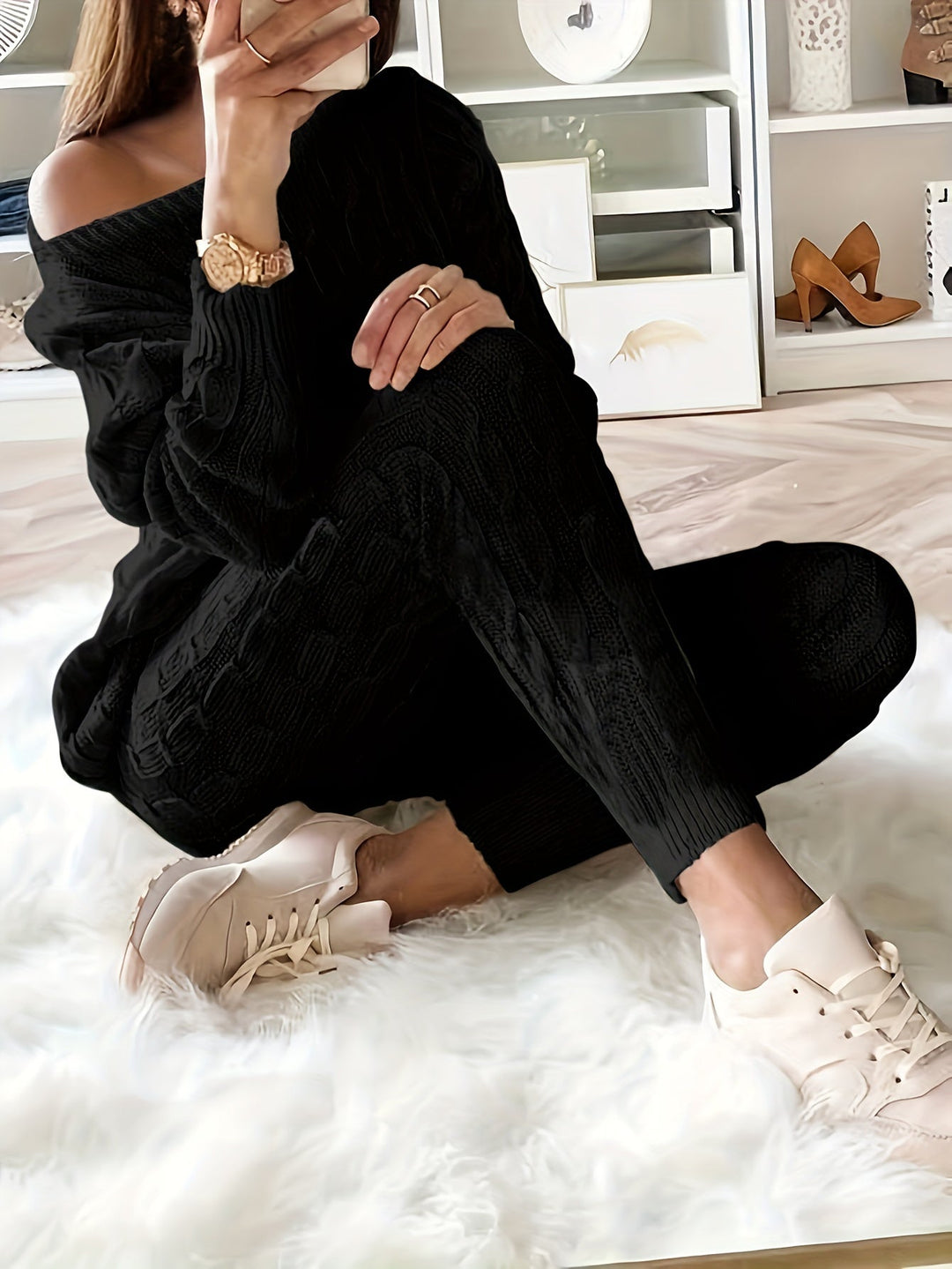 Women's Jumper Dress Cable Knit Lounge Set in Black