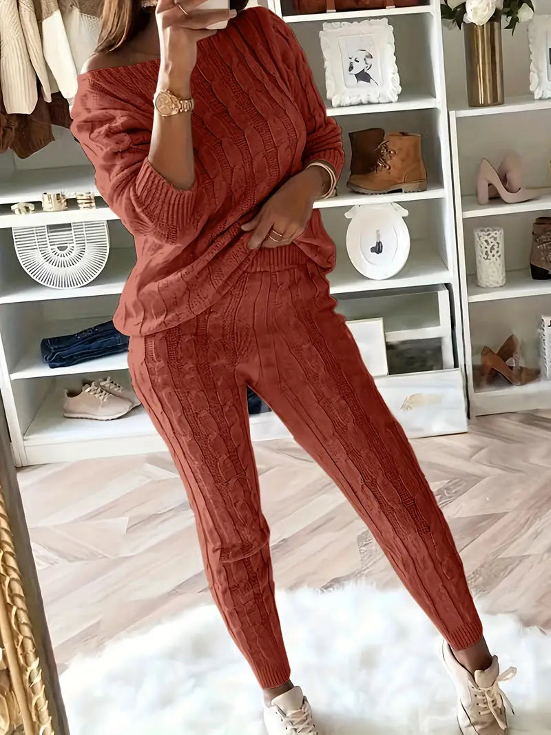 Women's Jumper Dress Cable Knit Lounge Set in Dark Red