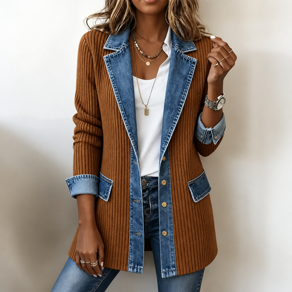 Women's Jumper in Textured Knit with Denim in Brown